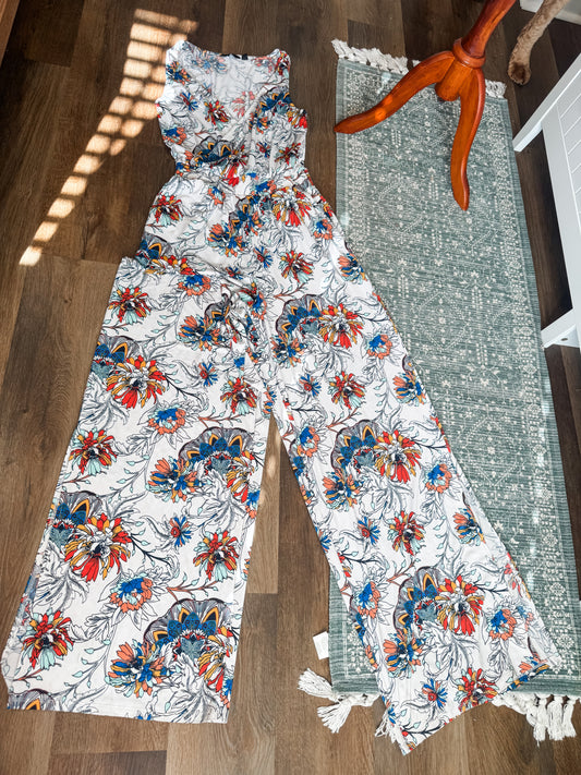 White Floral Jumpsuit S Tall