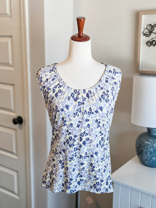 Blue Gray Green White Cotton Print Top MP
