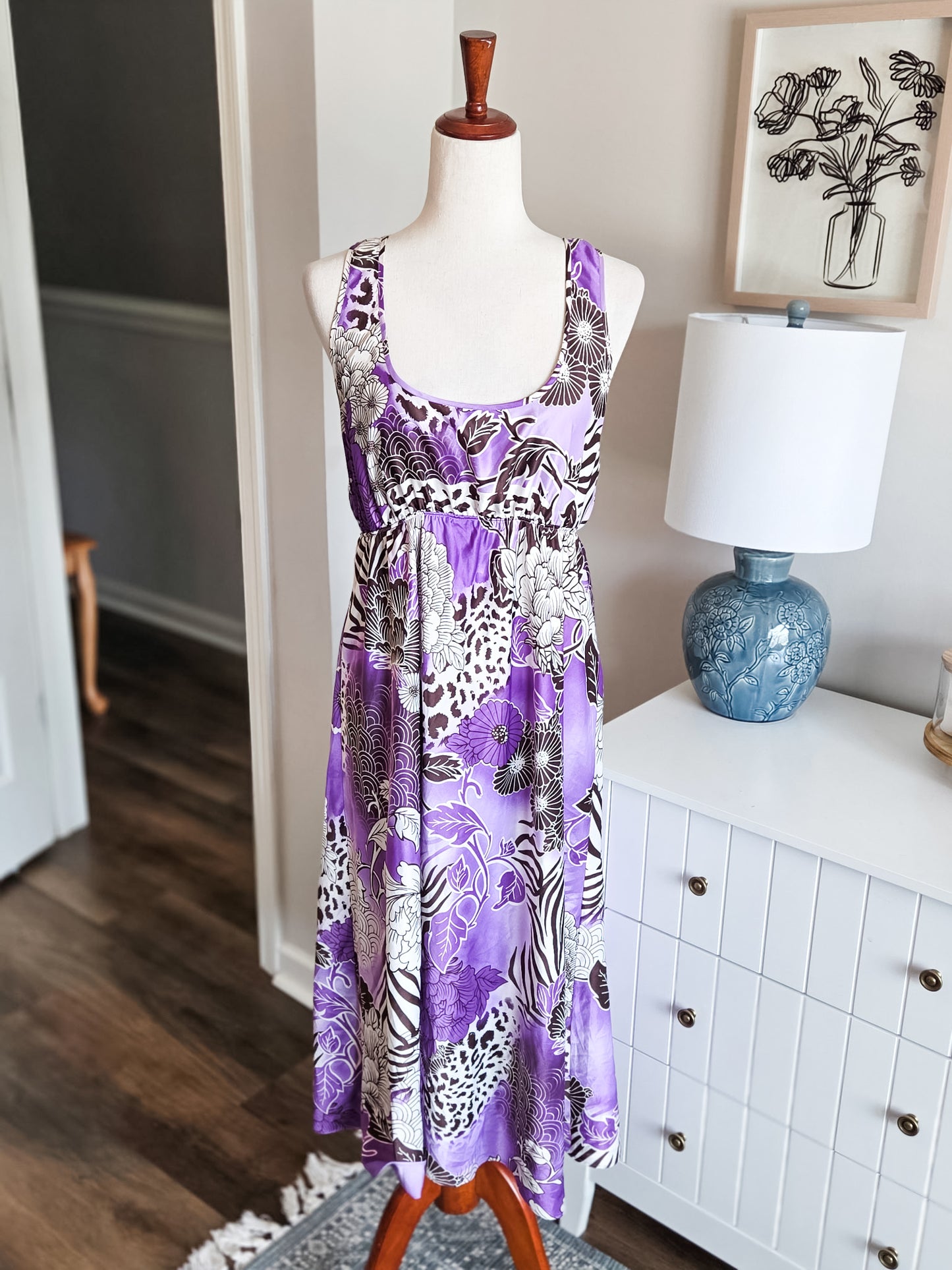 Purple Cream Brown Print Dress M/L