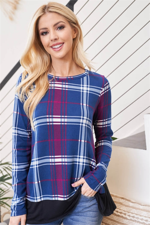 Blue Maroon Black Plaid Top