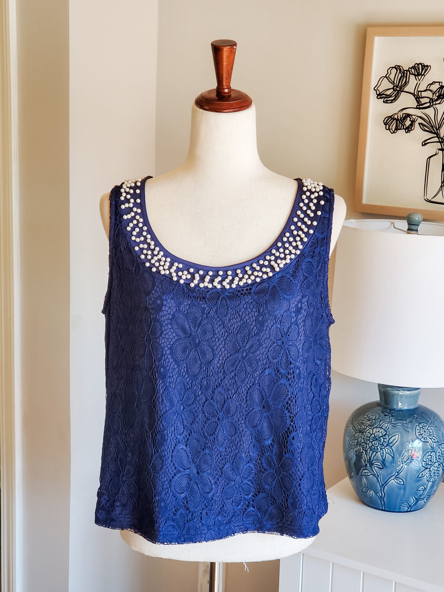 Navy Lace Beaded Tank 1X