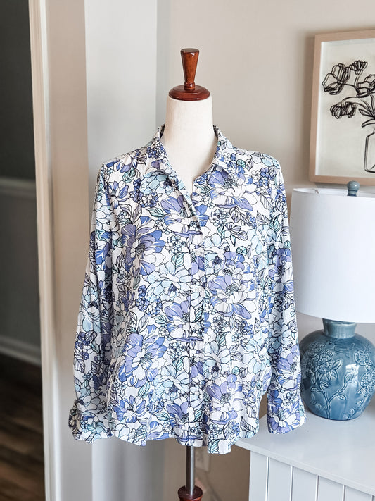 Blue White Floral Cotton Button Up M