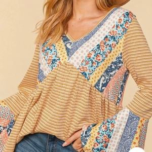 NEW Mustard Patchwork Print Top S