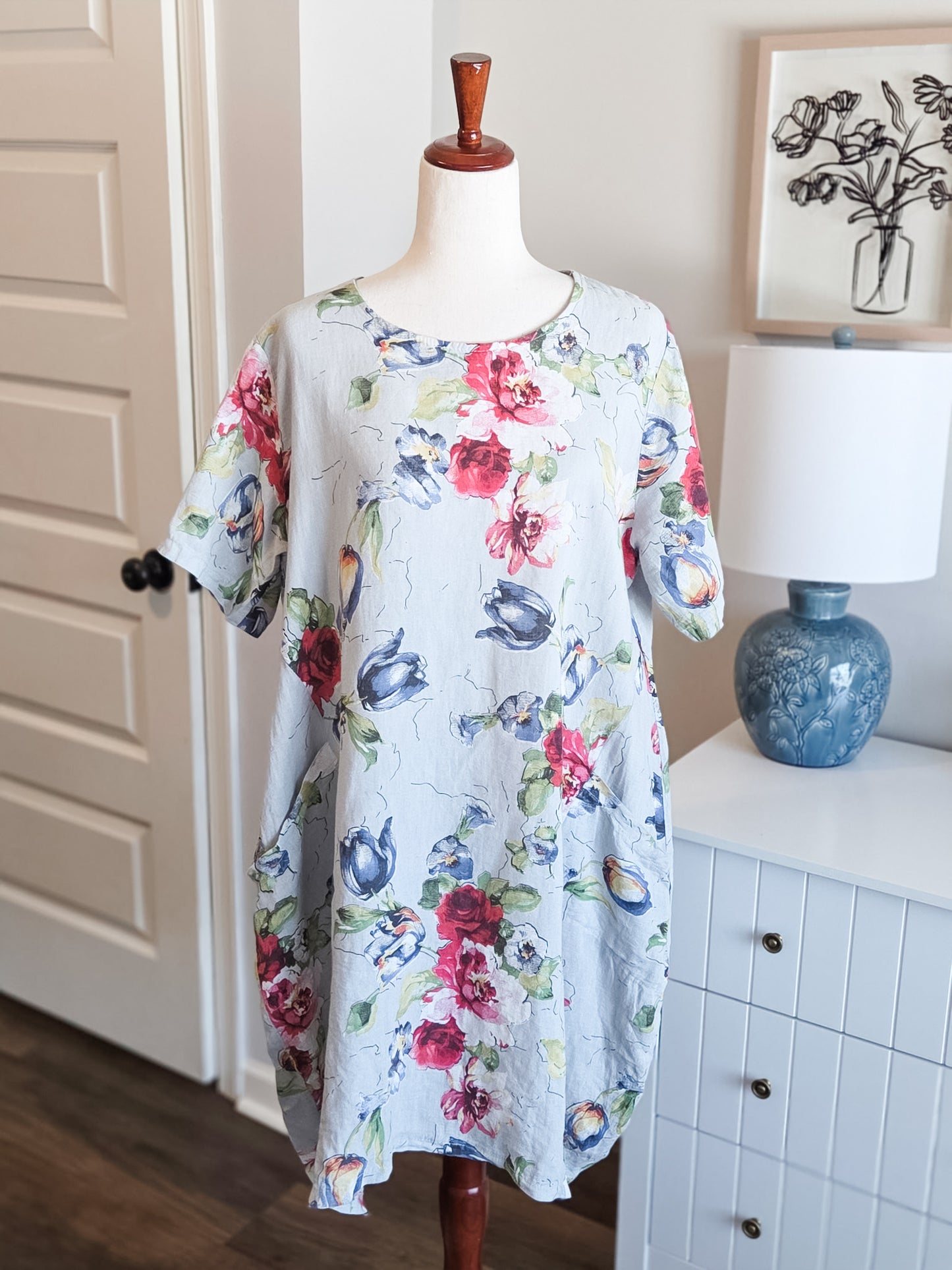 Blue Floral Linen Dress XL-1X