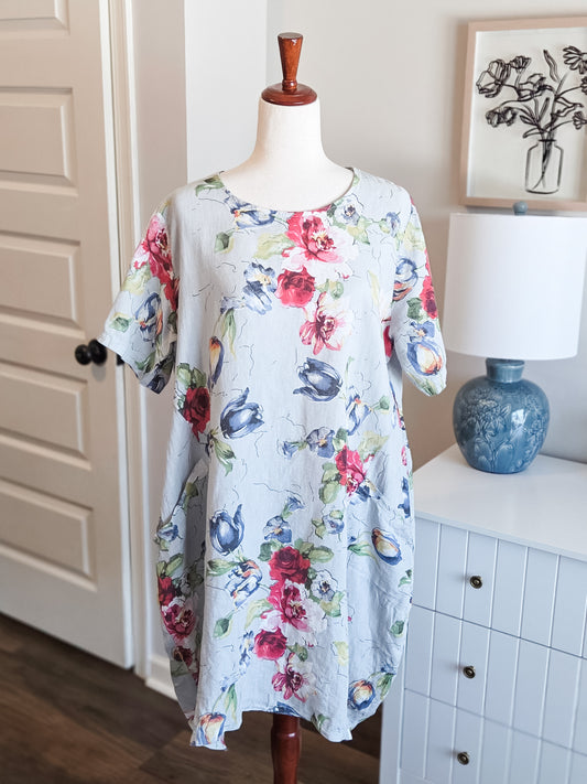Blue Floral Linen Dress XL-1X