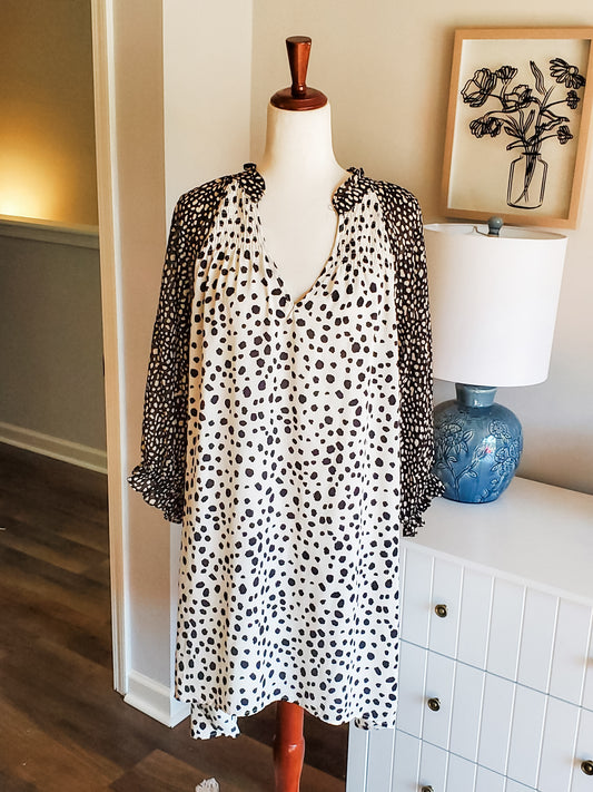 Cream Black Print Dress L