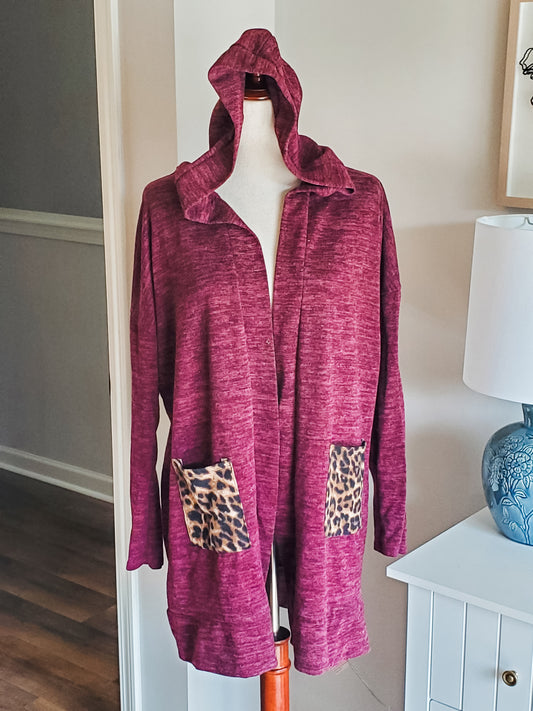 Burgundy Cardigan with Animal Print Pockets M/L
