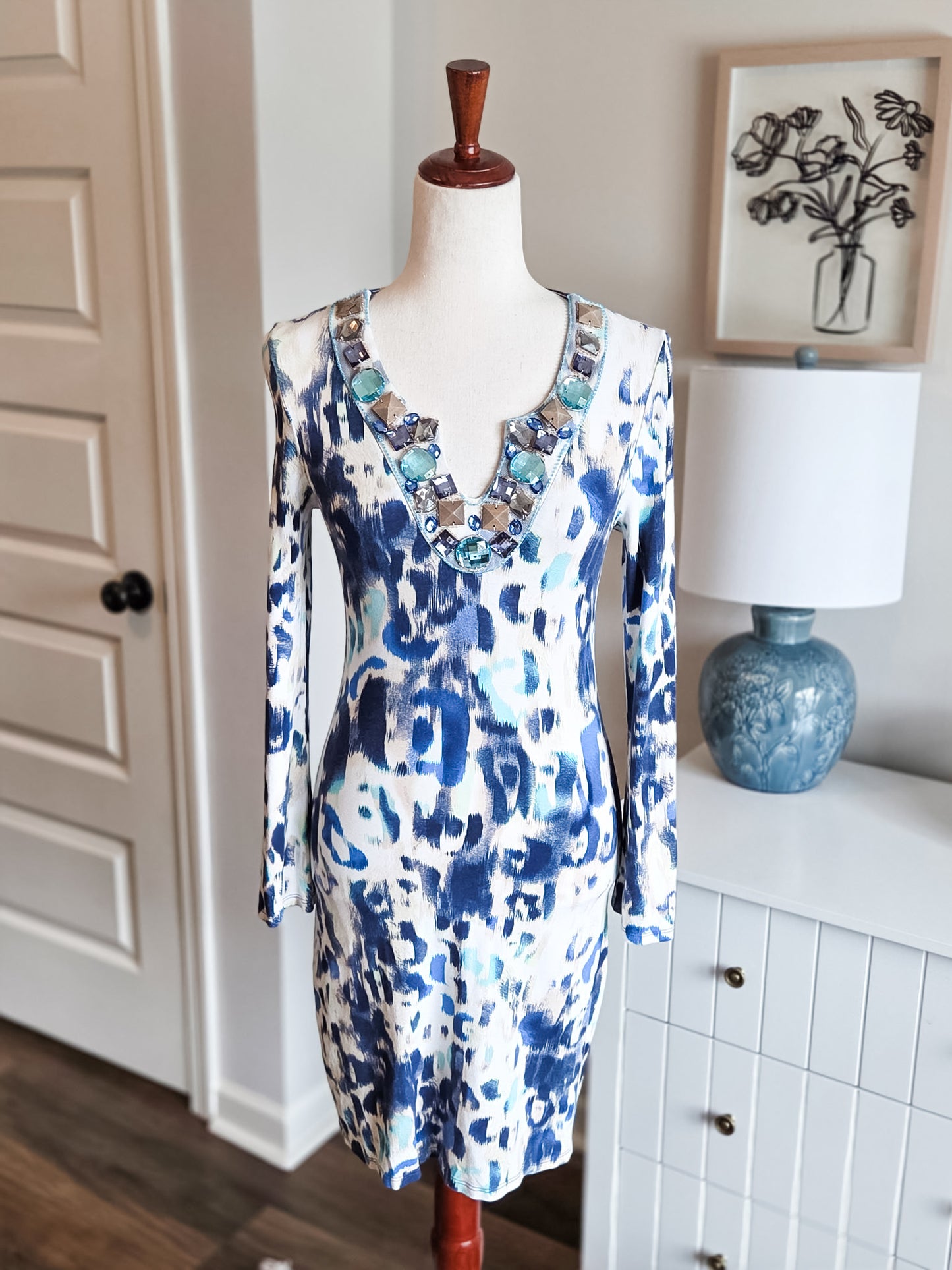 Blue Aqua Print Dress XS