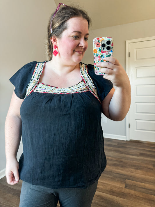 Black Top with Floral Piping