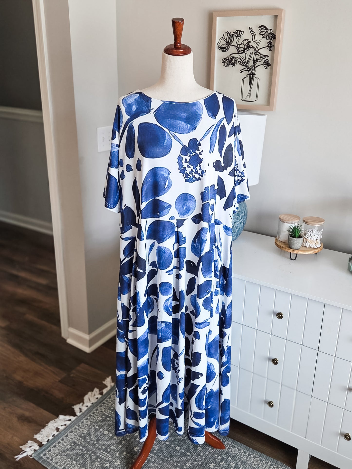 Blue Cream Print Dress 2-3X