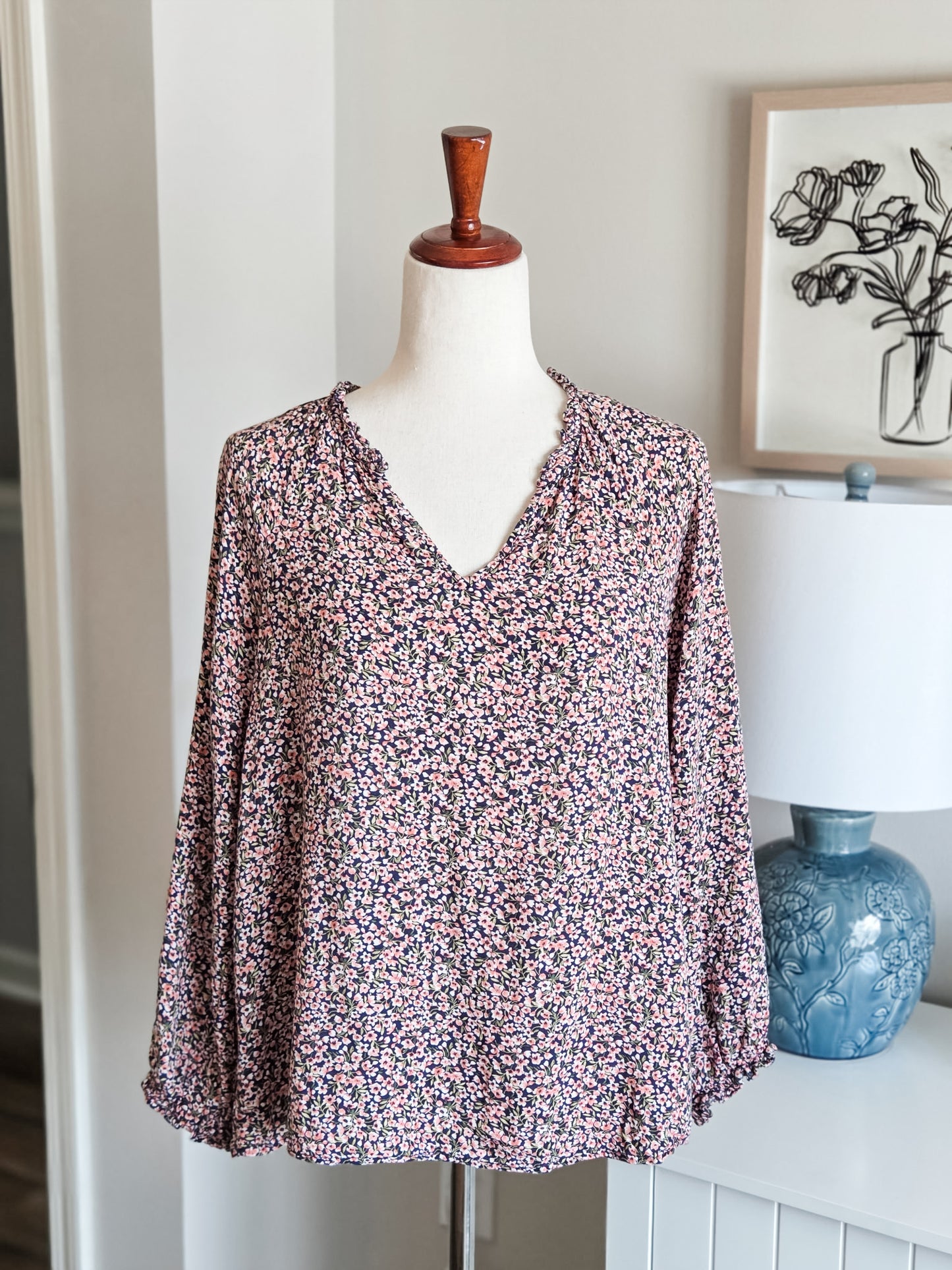 Navy Pink Green Floral Top S