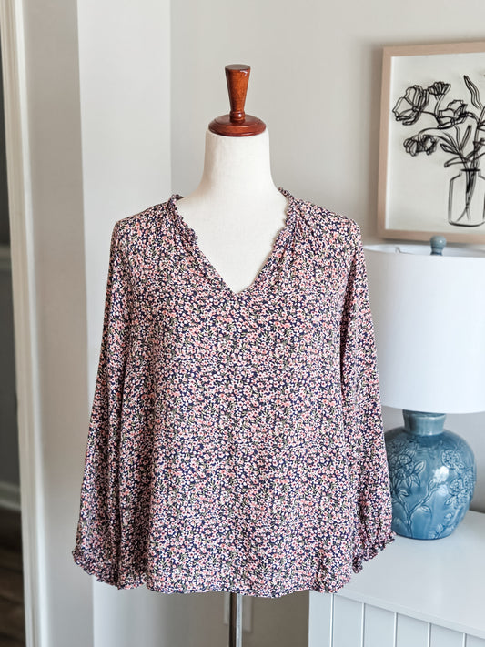 Navy Pink Green Floral Top S
