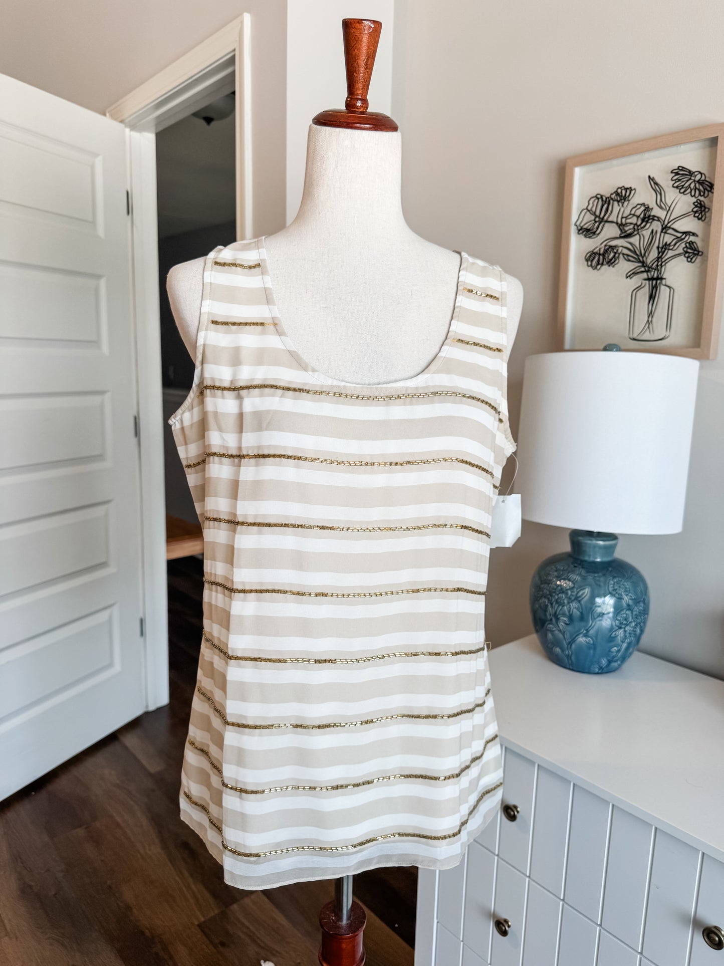 Tan Striped Beaded Tank M