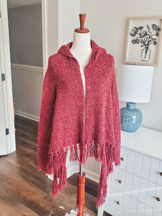 Red Fringe Hooded Cardigan M