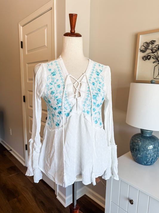 White Blue Embroidered Top 8
