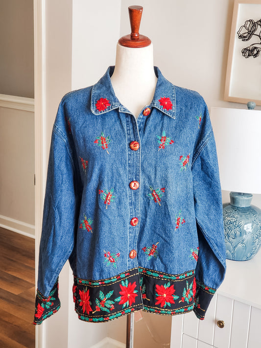 Denim Poinsettia Jacket L