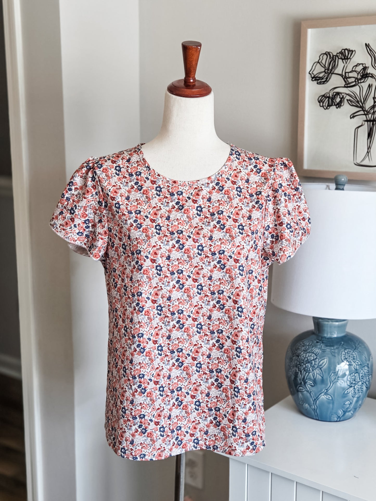 Orange Navy Red Brown Floral Top M