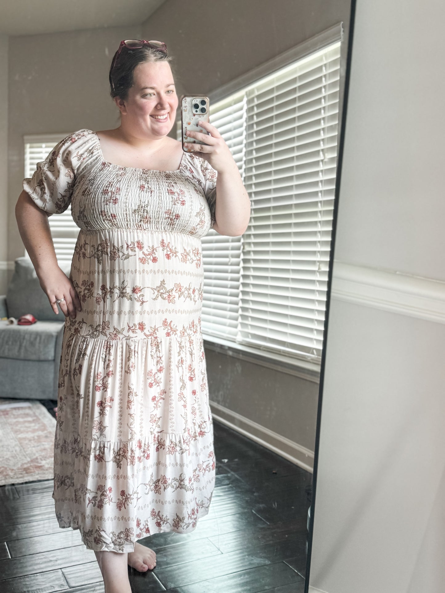 Tan Floral Smocked Dress