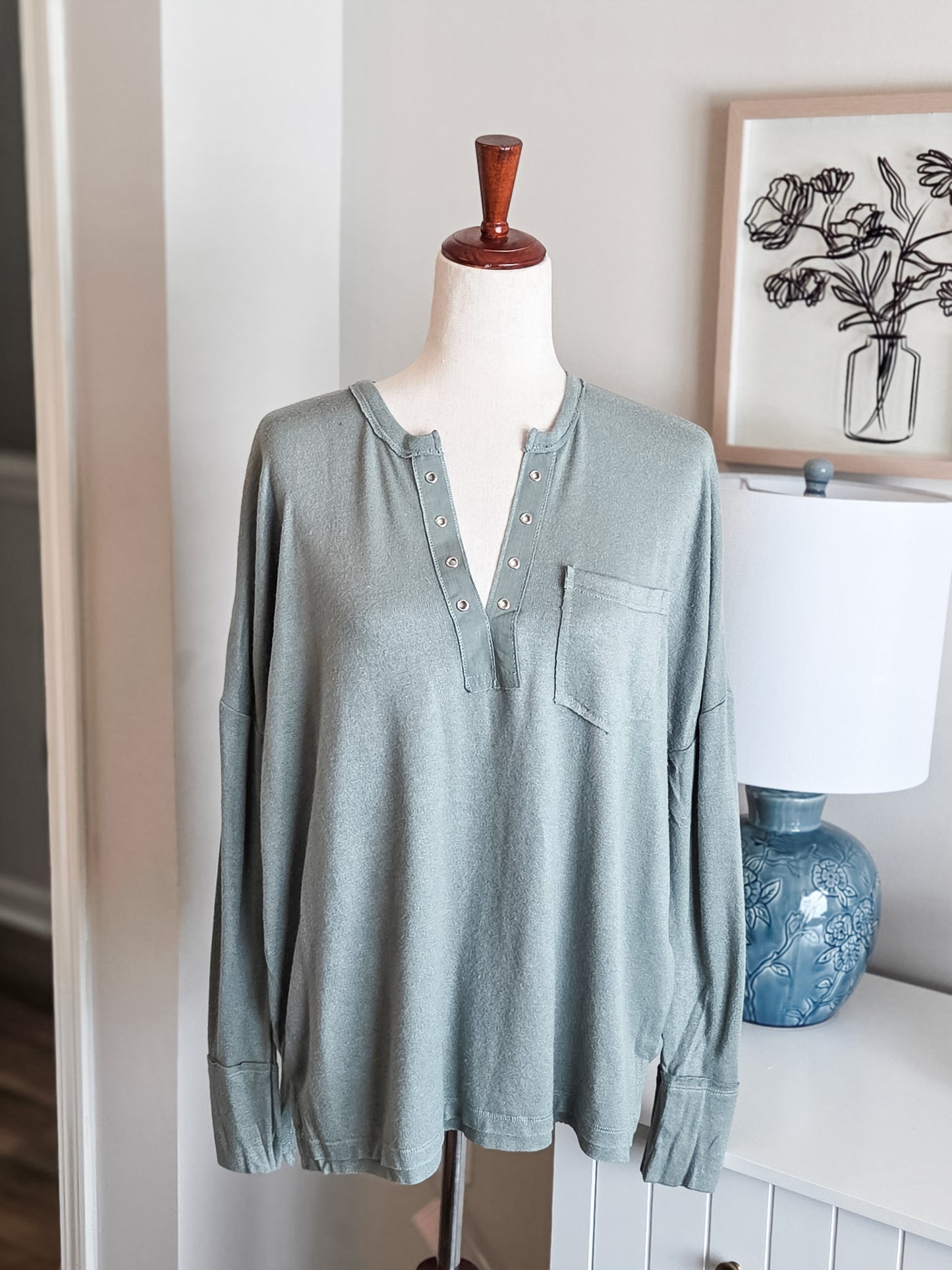 NEW Green Grommet Neckline Top M