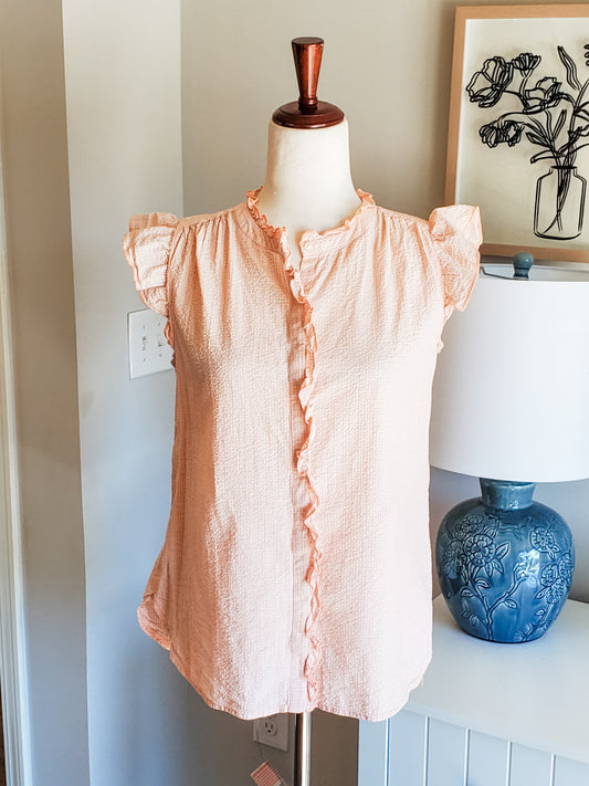 Coral Striped Cotton Button Up XS