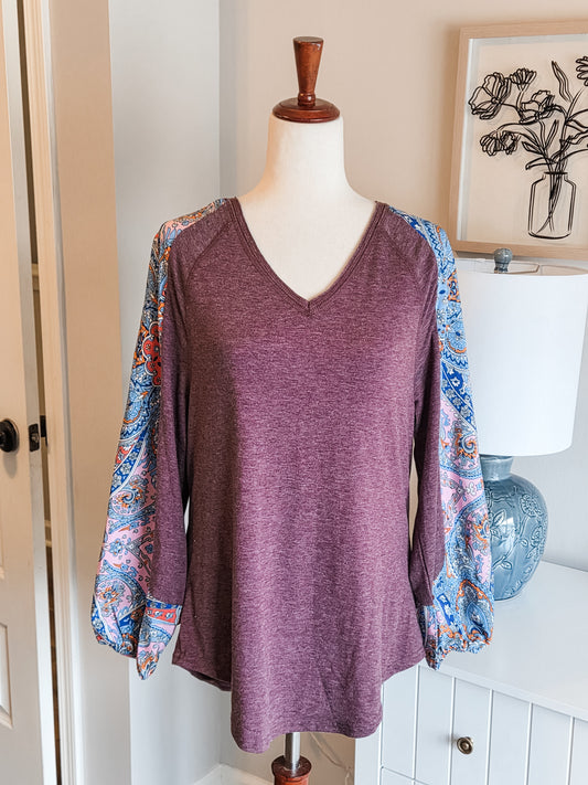Dark Maroon Print Sleeve Top M