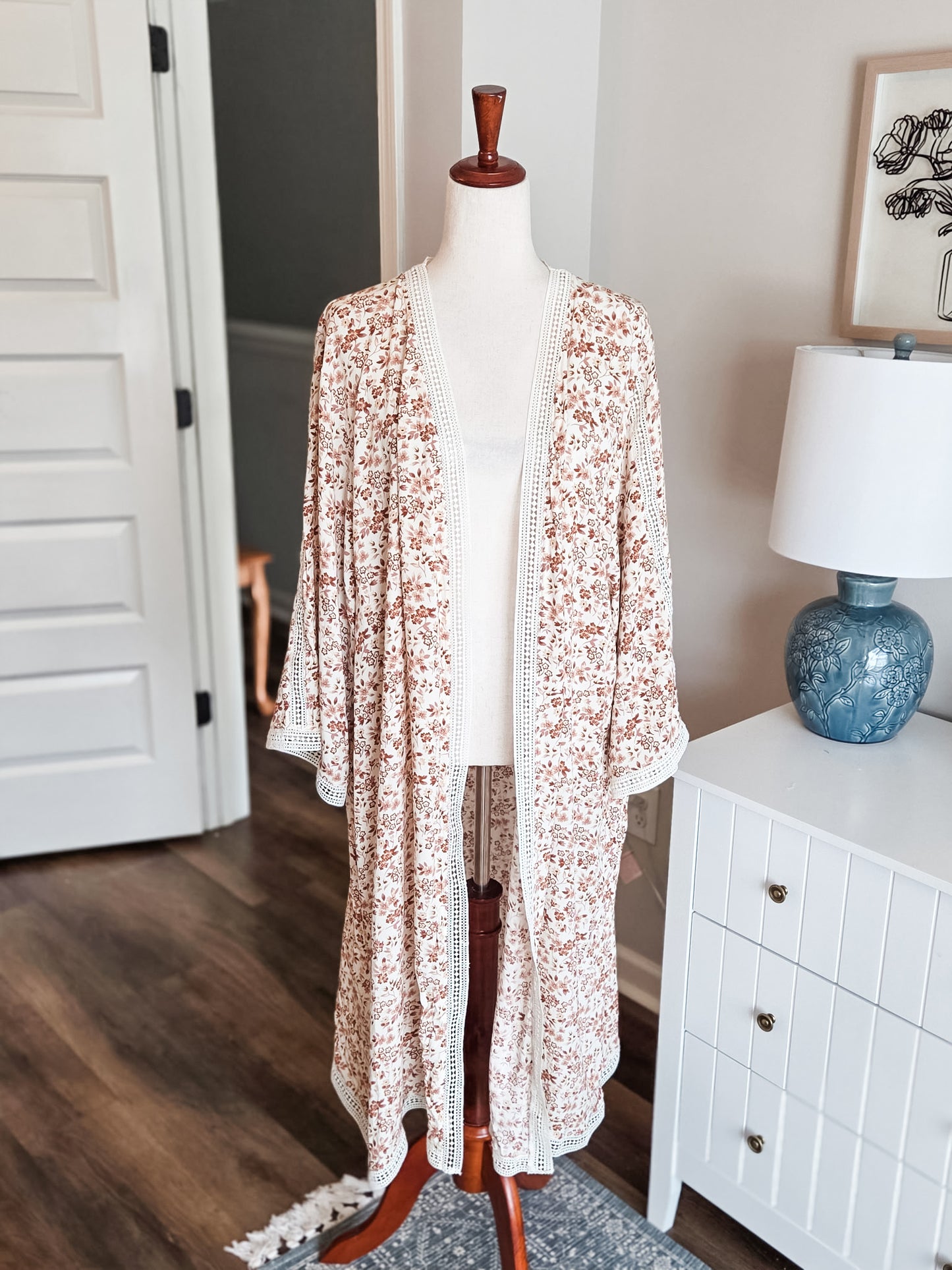 Cream Brown Floral Kimono 2X