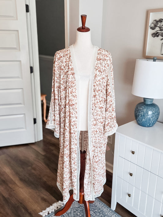 Cream Brown Floral Kimono 2X