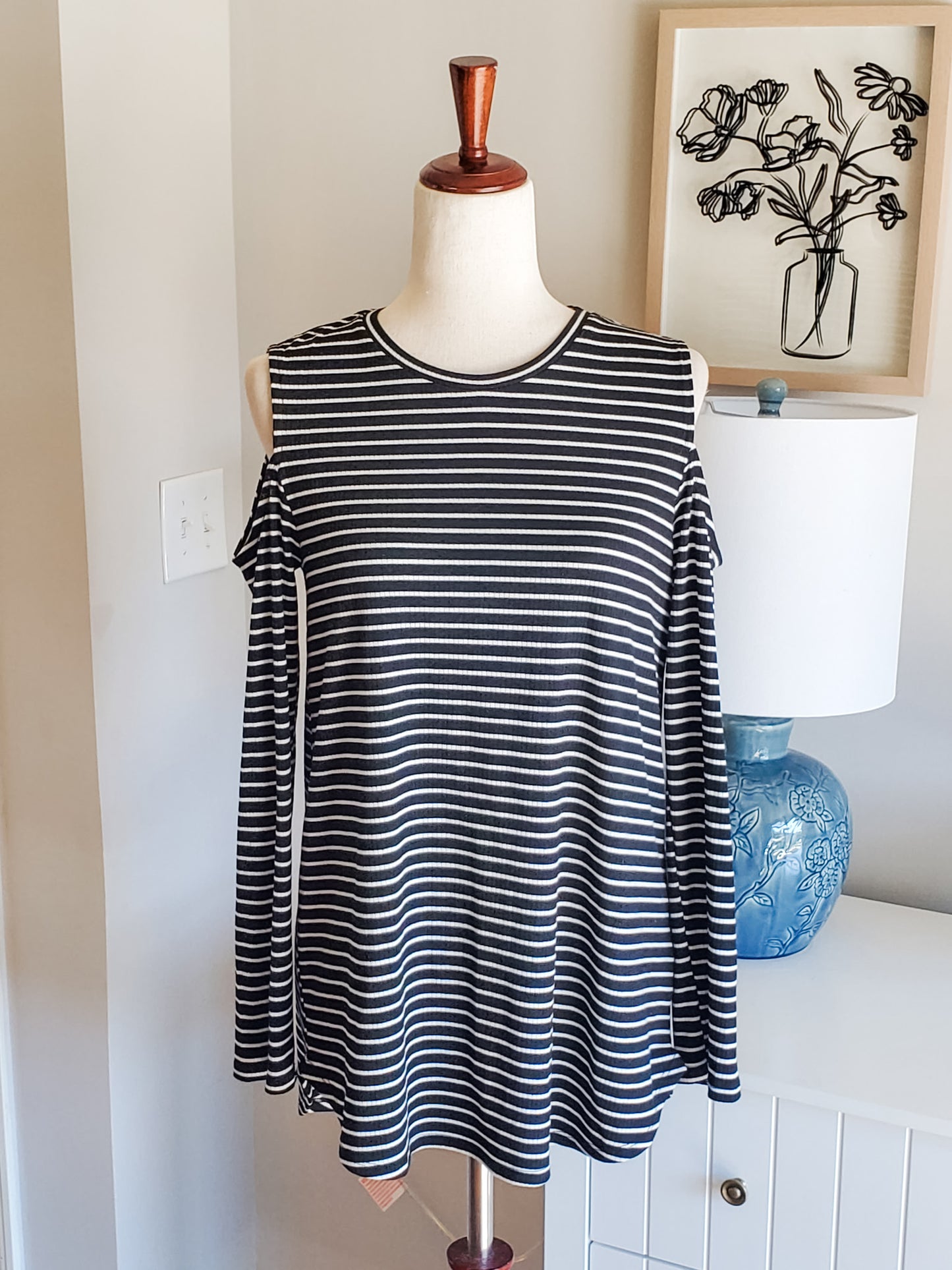 Black Striped Cold Shoulder Top M