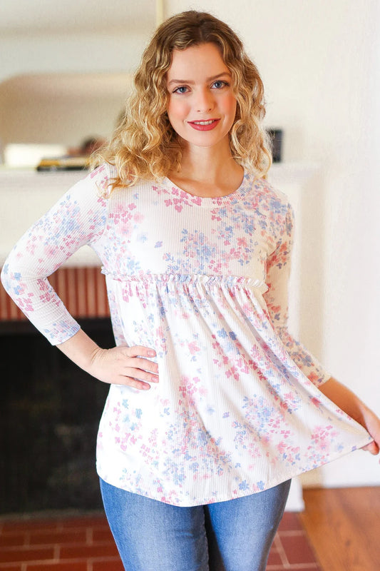 Pink Blue White Floral Top M/L