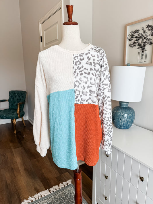 Orange Blue Animal Print Colorblock Top L