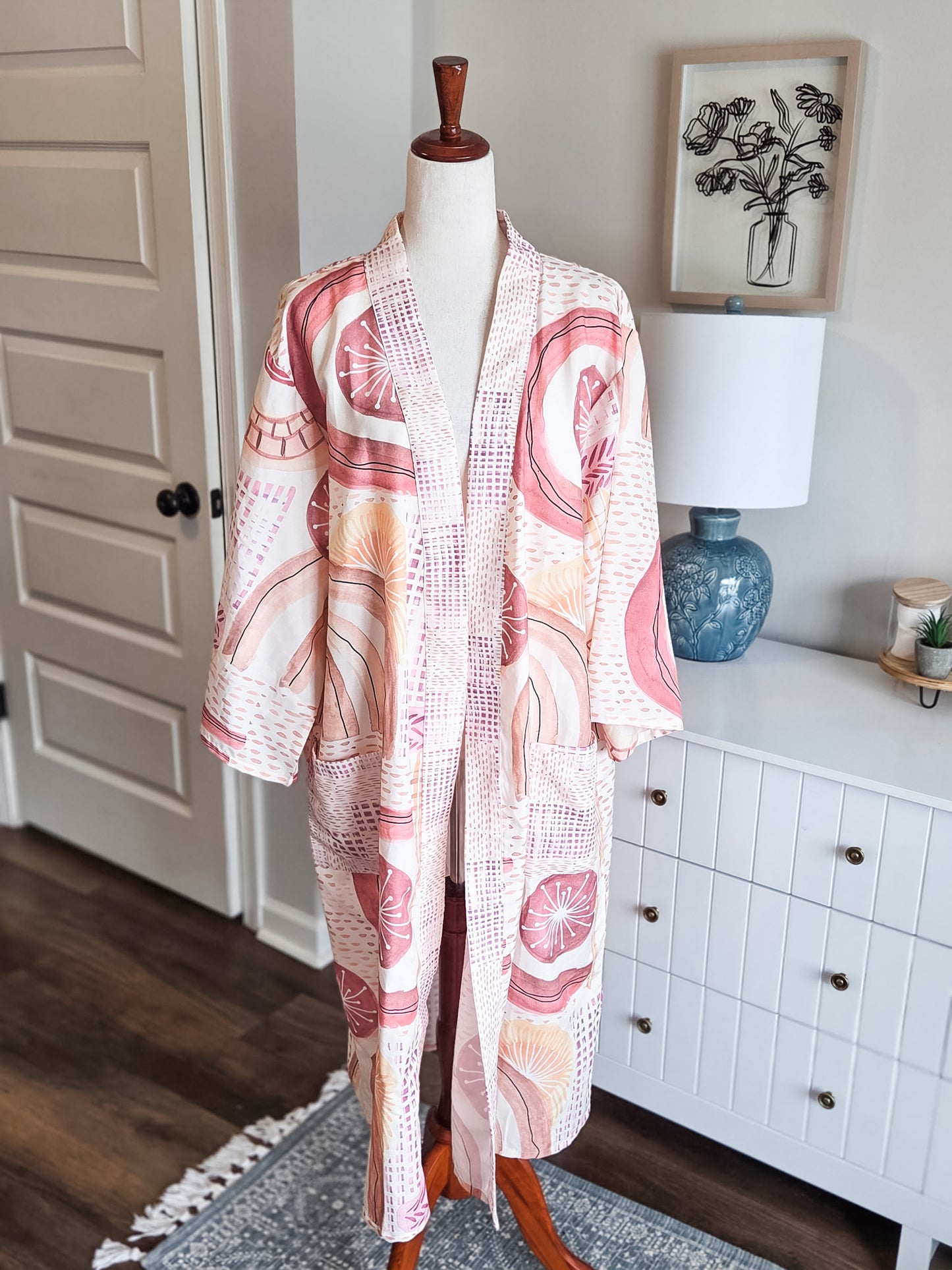 Pink Cream Yellow Print Kimono OS