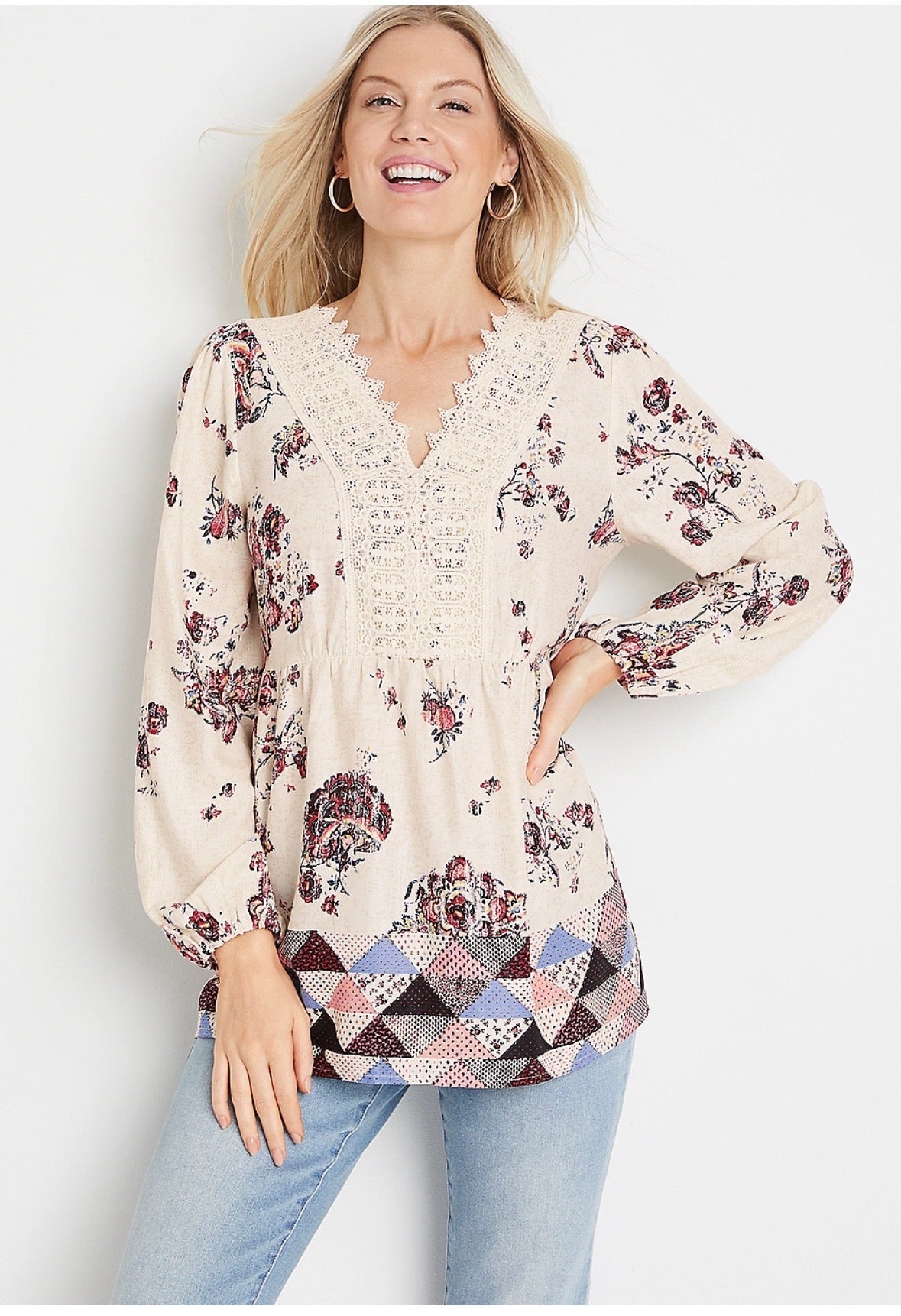 Cream Floral Patchwork Top S
