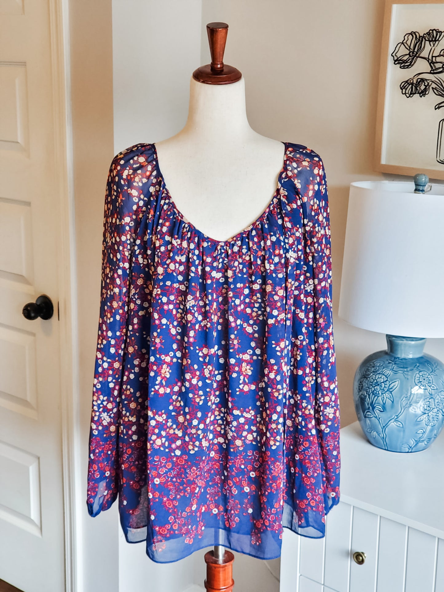 Navy Yellow Red Floral Top L