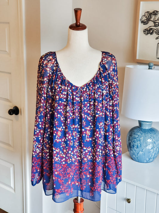 Navy Yellow Red Floral Top L