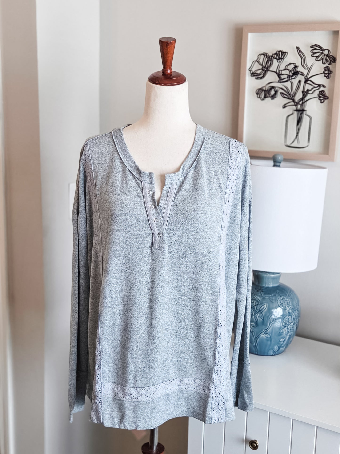 NEW Blue Gray Lace Trim Top