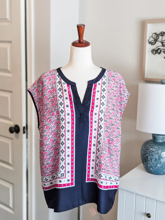 Navy Pink White Print Top XL