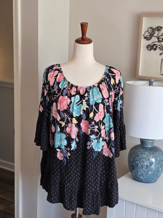 Black Pink Turquoise Floral Top 1X