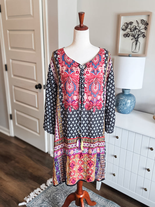 Black Print Boho Dress XXL