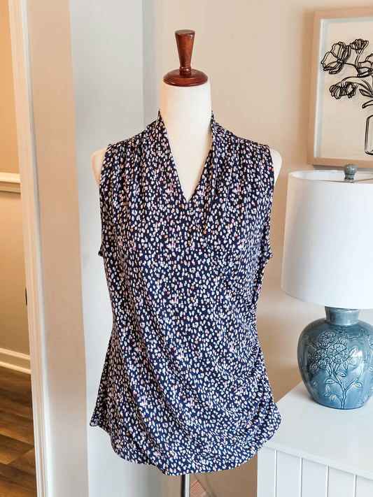 Navy V Neck Print Top L