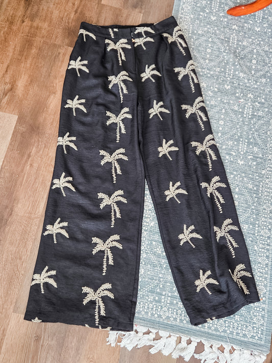 Black Tan Embroidered Pants L