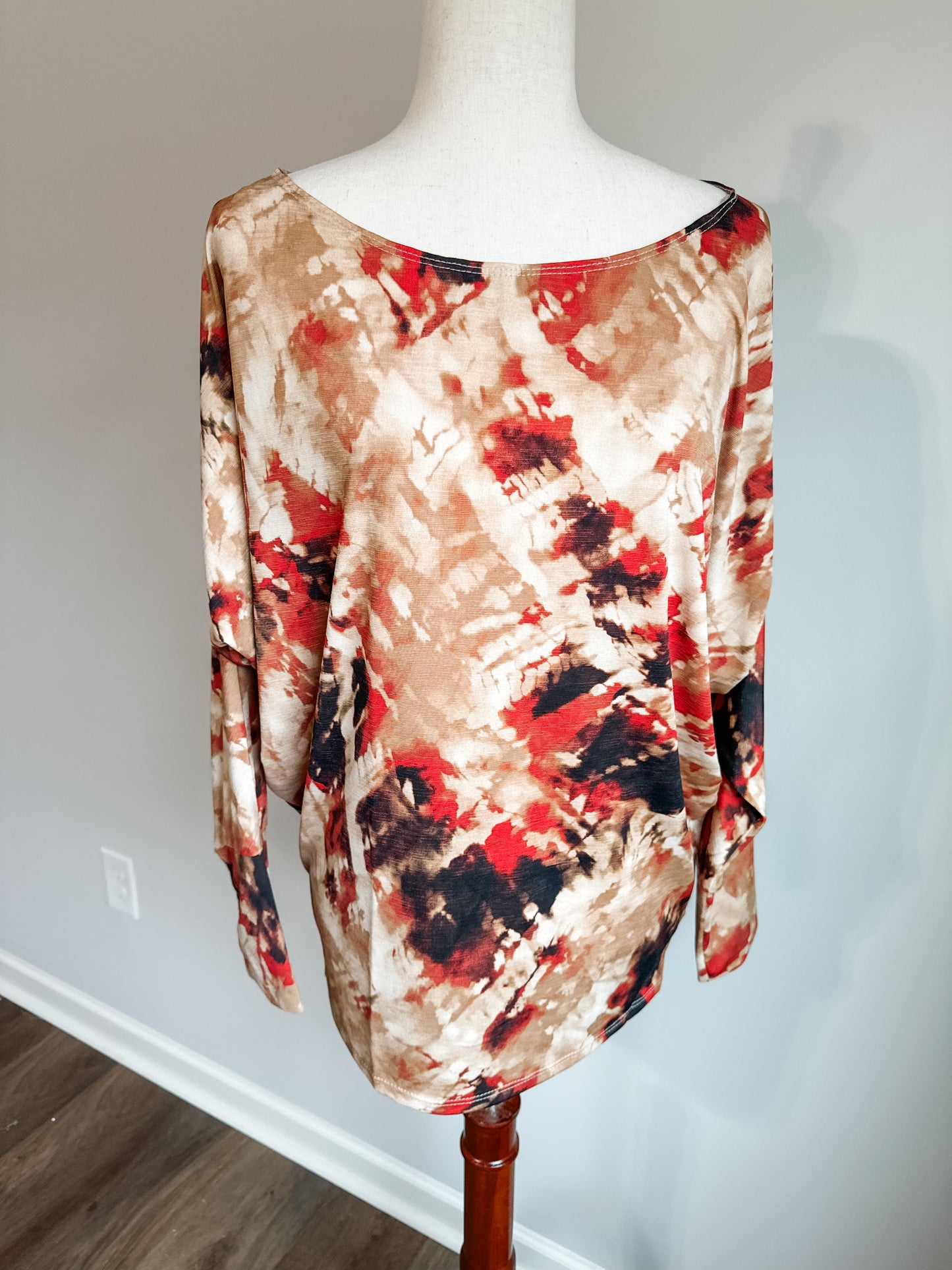 Brown Red White Print Top S