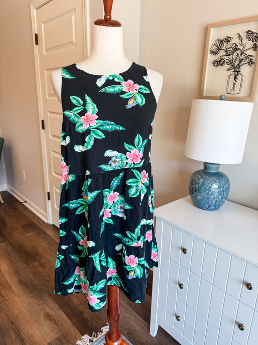 Black Tropical Print Dress M