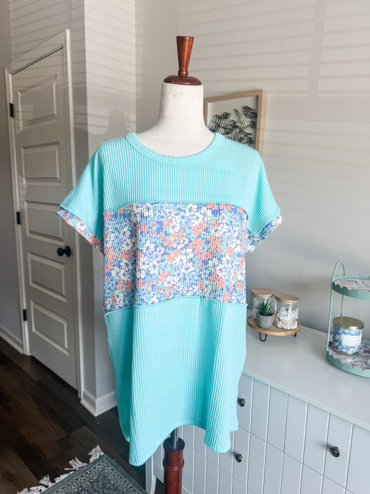 NEW Blue Ribbed Floral Top