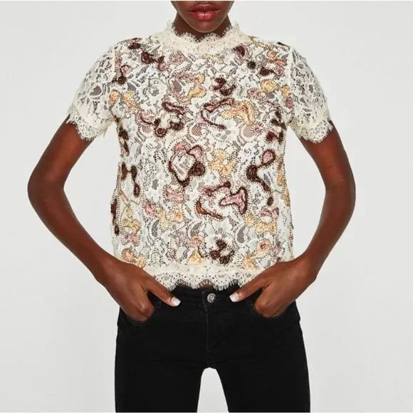 Cream Multi Color Lace Top S