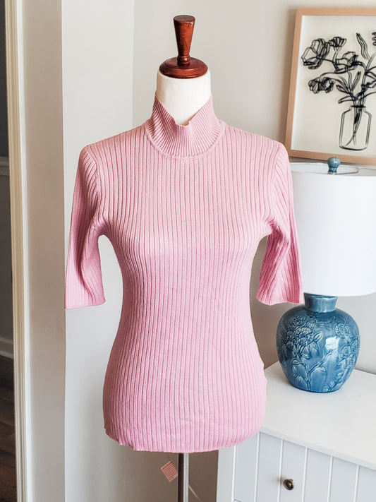 Pink Ribbed Short Sleeve Sweater M