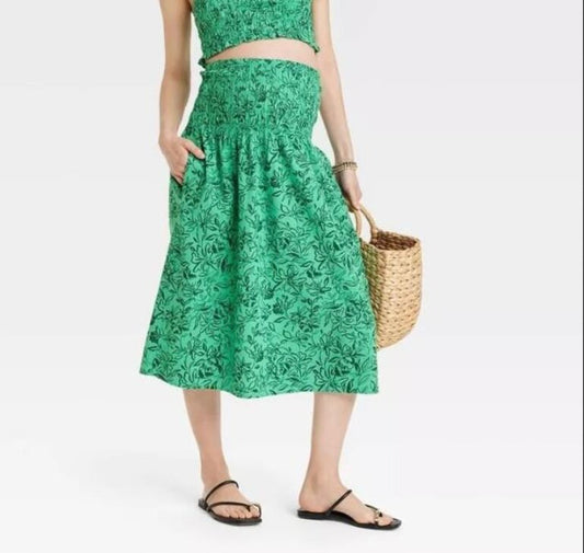 Green Smocked Floral Skirt L