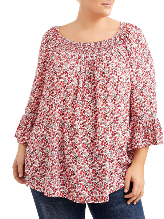 Red White Floral Smocked Top 0X