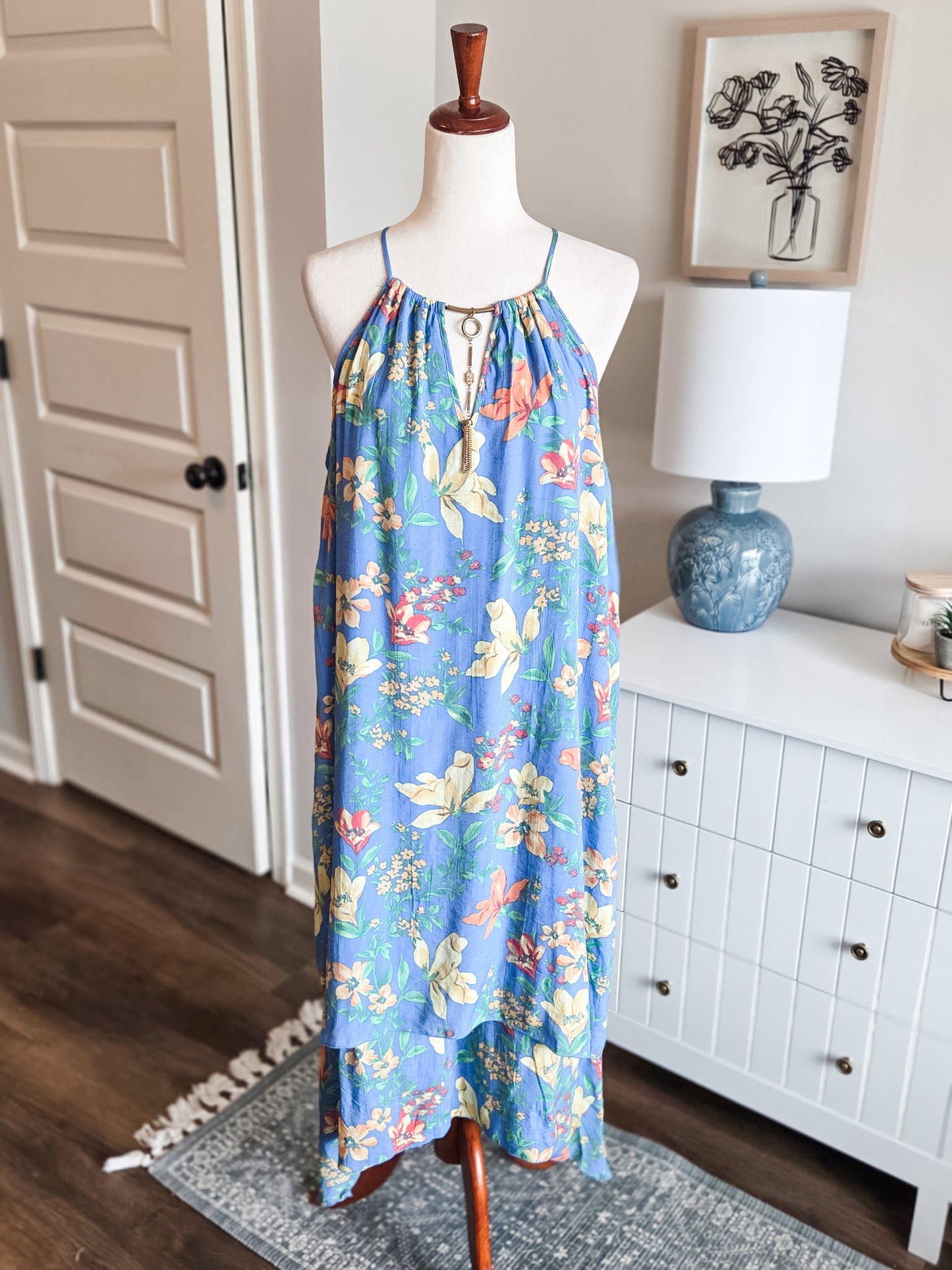 Blue Tropical Floral Dress L