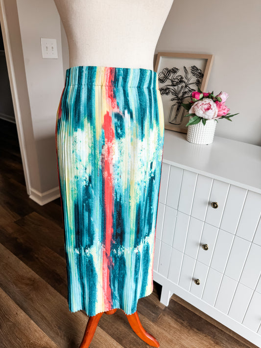 Turquoise Red Yellow Pleated Skirt XS