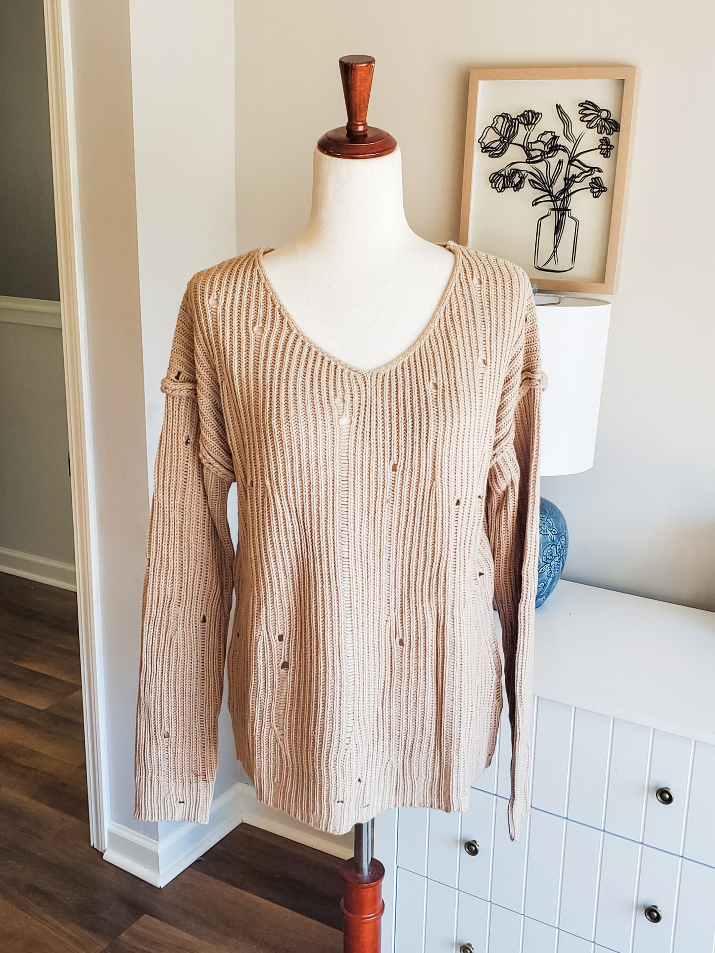 NEW Tan Distressed Sweater S